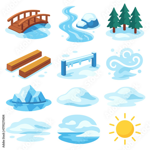 Isometric Winter Icons. Mountain Ice Crossings modern flat icon set: alpine bridge, frozen stream, snow-covered rocks, pine forest backdrop, wooden beams, icy rail, snowdrifts,