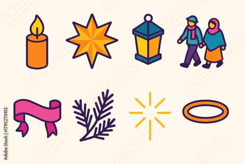 Festive Posadas Icon Set. Festive Posadas Parade modern flat icon set: candle flame, star, lantern, people walking, ribbon, pine leaves, light rays, halo.