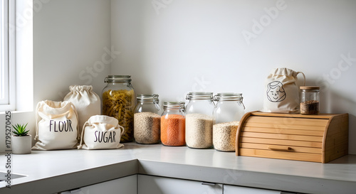Organized kitchen pantry with reusable storage containers and sustainable food storage solutions ideas