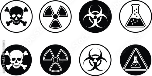 Hazard warning icons, skull and crossbones, radiation symbol, biohazard sign, chemical flask, lab caution, triangular warning, safety symbols, vector set