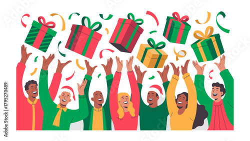 Festive Gift Toss: Joyful people jubilantly toss colorful gifts and confetti into the air, celebrating a season of giving and togetherness. 