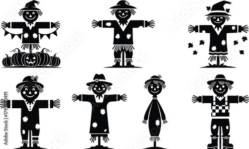 Scarecrow silhouettes, Halloween characters, autumn harvest icons, pumpkin patch, straw hat, patched clothing, whimsical designs, seasonal decorations, vector set, collection