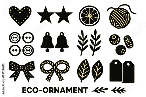 Brutalist Eco-Ornaments. Eco-Ornament Collection bold vector icon set: fabric hearts, paper stars, dried fruit slices, jute twine, wooden buttons, small bells, greenery sprigs,