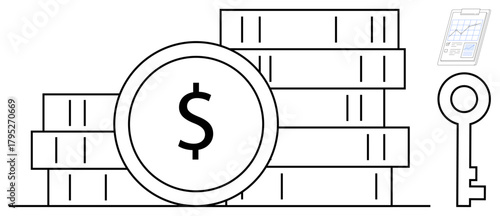 Stacks of coins with a magnifying glass, key, and financial chart suggest concepts of wealth, saving, financial analysis, security, growth, research, and opportunity in a simple flat metaphor