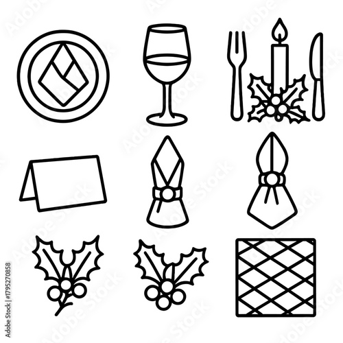 Festive Table Icons. Festive Dining Arrangement outline icon set: dinner plate with napkin, wine glass, silver cutlery, candle centerpiece, folded napkin with ring, place card,