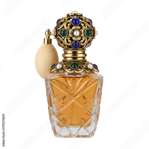 Elegant vintage crystal perfume bottle with ornate jeweled cap and atomizer spray 