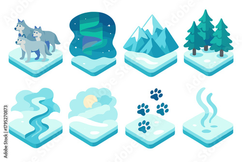 Northern Wolf Icons. Northern Wolves modern flat icon set: pack in snow, aurora sky, mountain ridge, pine forest, frozen stream, misty light, paw path, cold air.