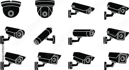 Surveillance camera icons, dome cameras, bullet cameras, box cameras, CCTV security, wall mount, ceiling mount, black and white, vector set
