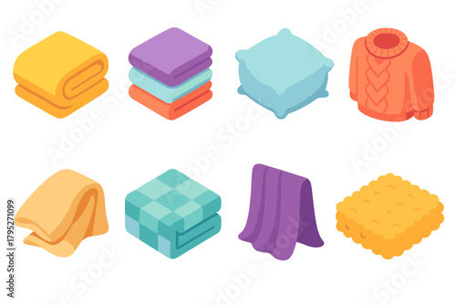 Soft Fabric Icons. Soft Fabric Layers modern flat icon set: cozy blanket, folded towels, soft pillow, knit sweater, linen wrap, cotton quilt, velvet drape, plush rug.