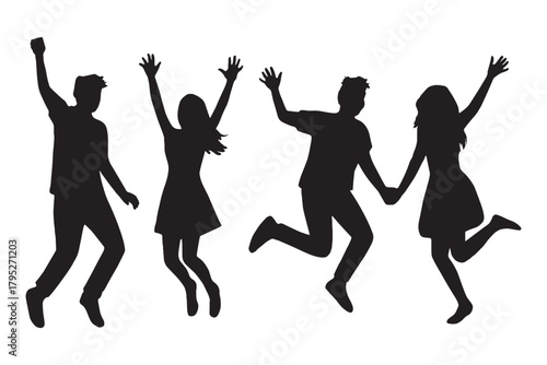 Dynamic silhouettes of joyful people leaping and celebrating together, capturing moments of pure excitement and freedom