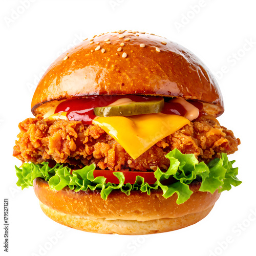 Delicious crispy fried chicken burger with melted cheese and fresh lettuce on a sesame seed bun