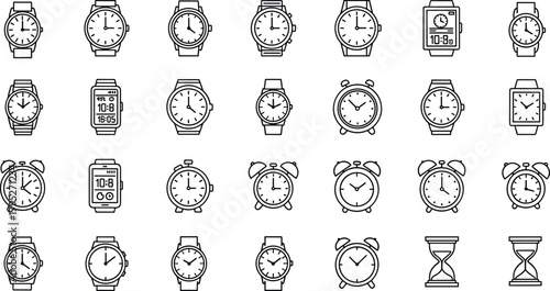 Timekeeping device icons, analog watches, digital clocks, alarm clocks, wall clocks, hourglasses, line art, black and white, vector set