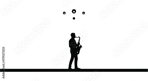 Silhouette of a musician playing a saxophone against a minimalist white background with abstract shapes