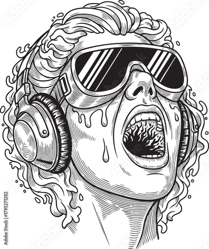 Vector engraving illustration of futuristic cyber character wearing headphones and visor isolated on transparent background, detailed monochrome expressive artwork with intense emotional energ