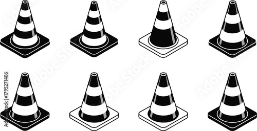 Traffic cone icons, striped cones, black and white, high contrast, perspective view, safety, roadwork, construction, caution, vector set, line art