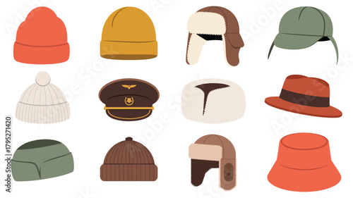 Winter hats vector collection with diverse beanies trapper hats pilot caps and warm headwear illustrations perfect for fashion design and seasonal artwork