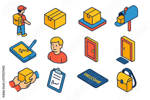 Isometric Delivery Icons. Delivery Moments modern flat icon set: courier, package, doorstep, mailbox, signature pad, smiling customer, front door, parcel box, clipboard, handoff,