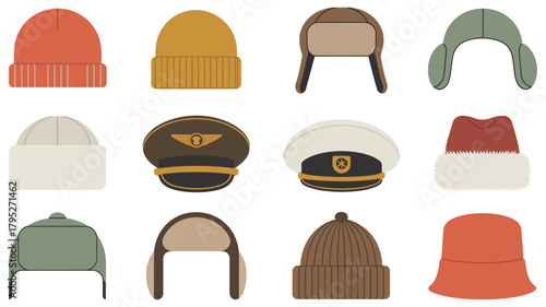 Winter hats vector collection with diverse beanies trapper hats pilot caps and warm headwear illustrations perfect for fashion design and seasonal artwork