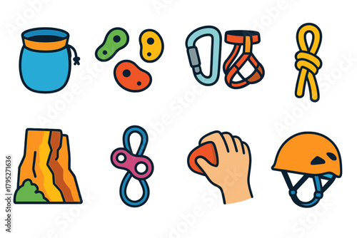 Isometric Climbing Gear Icons. Rock Climbing Scene modern flat icon set: chalk bag, climbing holds, harness clip, rope knot, cliff wall, belay device, hand grip, safety helmet.