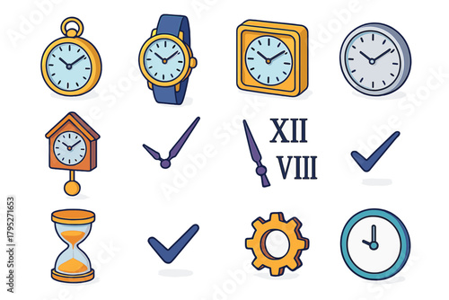 Elegant Timepiece Icons. Elegant Timepieces modern flat icon set: pocket watch, wristwatch, gold clock, silver dial, pendulum, clock hands, roman numerals, hourglass, tick mark,
