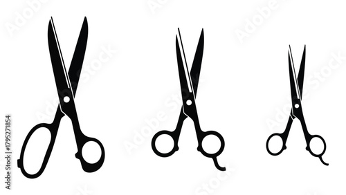 Three scissors silhouettes isolated on white background, Vector