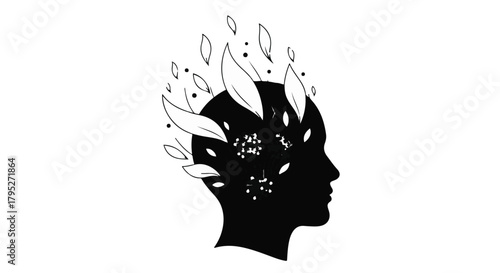 Silhouette of a human head with leaves and floral elements emerging, symbolizing growth and nature connection.