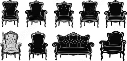 Vintage upholstered furniture icons, antique armchairs, classic sofas, baroque style, ornate woodwork, tufted seating, interior decor, line art, vector set