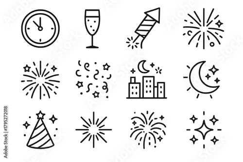New Year Celebration Icons. New Year Fireworks outline icon set: countdown clock, champagne glass, rocket, sparkler, fireworks burst, confetti, stars, cityscape, moon, glowing