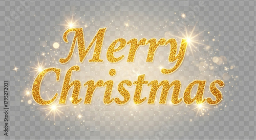 Glitters and sparkles dance around elegant gold lettering of Merry Christmas . it's festive, joyous season celebration of love and happiness. vector illustration