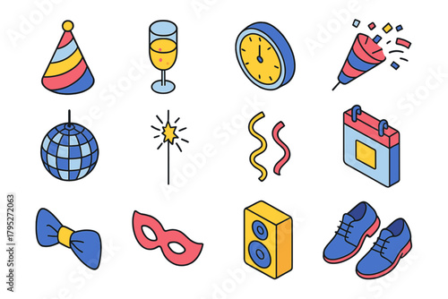 Vibrant New Year Icons. New Year's Eve modern flat icon set: party hat, champagne flute, countdown clock, confetti popper, disco ball, sparkler, streamers, calendar page, bow tie,