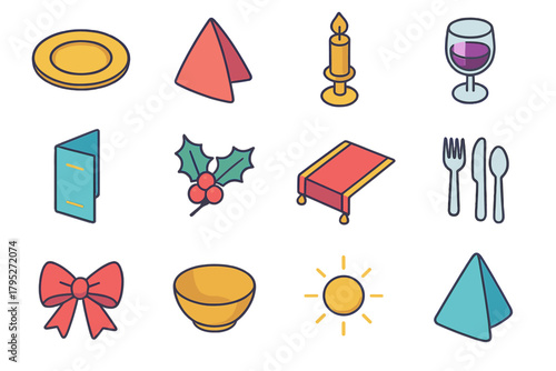 Elegant Dinner Icons. Elegant Holiday Dinner modern flat icon set: gold plate, folded napkin, candle stick, wine glass, menu card, holly sprig, table runner, silver cutlery, ribbon