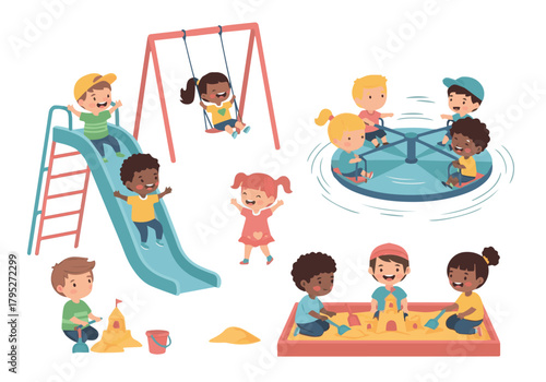 Fun playground scene with diverse children playing on slides, swings, and sandboxes, perfect for school materials, kid activities, and joyful themes