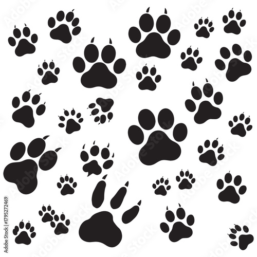 Playful paw prints scattered across a clean white background, evoking a sense of adventure and animal companionship for diverse projects.