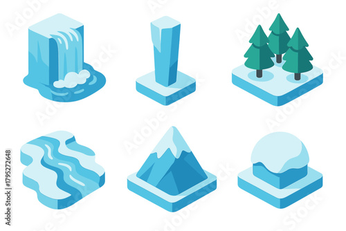 Icy Wilderness Icons. Icy Wilderness modern flat icon set: waterfall edge, ice pillar, evergreen forest, frozen stream, mountain peak, snow cap.