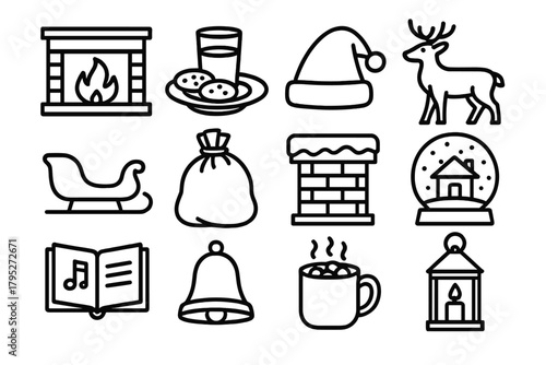 Christmas Icon Set. Christmas Eve Traditions outline icon set: fireplace, cookies and milk, Santa hat, reindeer, sleigh, gift sack, chimney, snow globe, carol book, bell, mug of