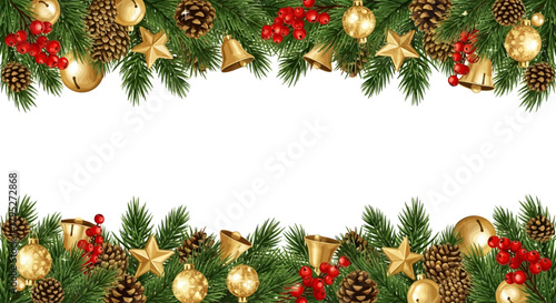 Festive Christmas Border with Golden Ornaments, Pine Cones, and Evergreen Branches for Holiday Greetings and Seasonal Celebrations, Stock Illustration
