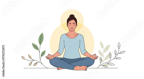 Serene woman meditating in lotus position surrounded by foliage, ideal for wellness campaigns, yoga studio promotions, or mindfulness app design