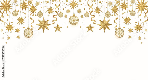 Elegant golden Christmas decoration featuring stars, ornaments, and ribbons on white background. Perfect for festive greetings, holiday invitations, or seasonal designs.