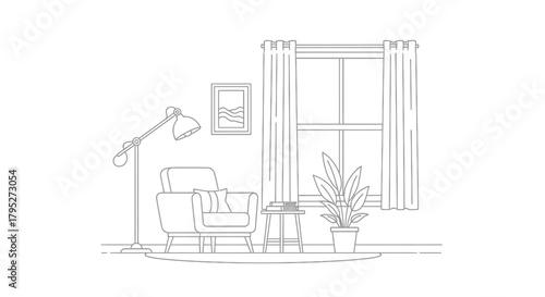 Minimalist living room interior illustration with armchair, lamp, window, and plant, ideal for interior design concepts and architectural visualizations.