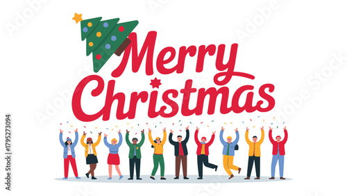 Joyful Christmas Celebration: A vibrant illustration shows people celebrating Christmas with open arms and joyful faces, embracing the festive spirit.