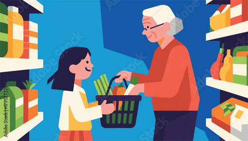 Illustration Of A Small Child Accompanying His Grandmother Shopping For Vegetables Vector Design Template