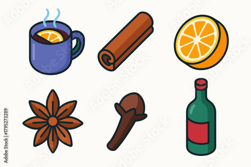 Mulled Wine Icons. Classic Mulled Wine modern flat icon set: steaming mug, cinnamon stick, orange slice, star anise, clove pod, wine bottle.