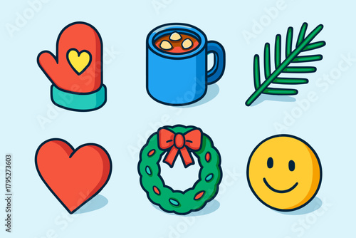 Winter Happiness Icons. Winter Happiness modern flat icon set: mitten, cocoa mug, wreath, pine branch, heart icon, smiling face.
