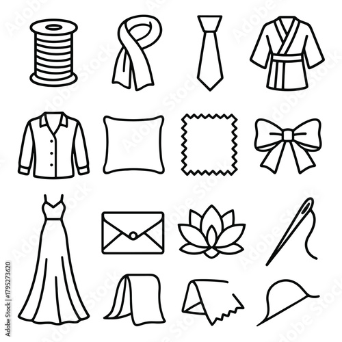 Silk Accessory Icons. Silk Sophistication outline icon set: silk thread spool, scarf, necktie, kimono, blouse, pillowcase, fabric swatch, ribbon, evening gown, clutch bag, lotus