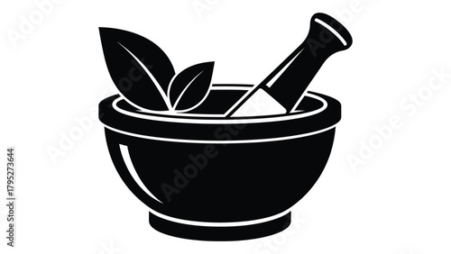Herbal mortar and pestle silhouette icon isolated on white background, Vector