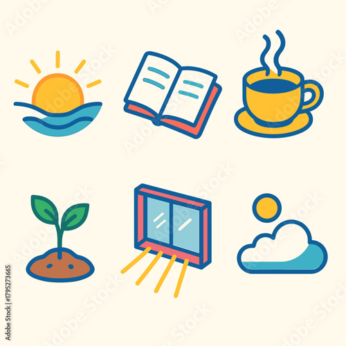 Vibrant Morning Icons. Renewed Energy modern flat icon set: sunrise, open notebook, steaming tea, sprouting plant, window light, calm sky.