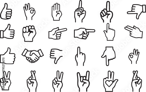 Collection of Diverse Hand Gestures and Icons Representing Communication and Actions