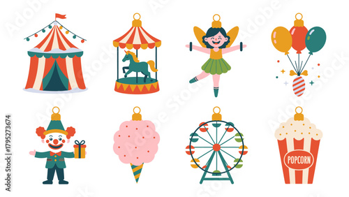Circus Icon Collection: A vibrant assortment of circus-themed icons, featuring a carnival tent, carousel, balloons, clown, fairy, cotton candy, Ferris wheel, and popcorn, exuding fun and whimsy.