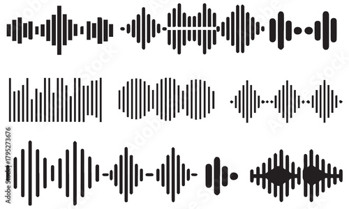 Clean vector set of sound waves and equalizer icons. Monochrome, scalable waveforms ideal for music apps, podcasts, logos, UI, slides, and branding.