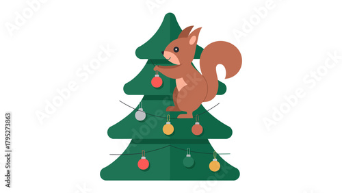 Squirrel Decorating Christmas Tree: A whimsical illustration depicts a cute squirrel adorning a festive Christmas tree, infusing the holiday spirit with an adorable touch. 